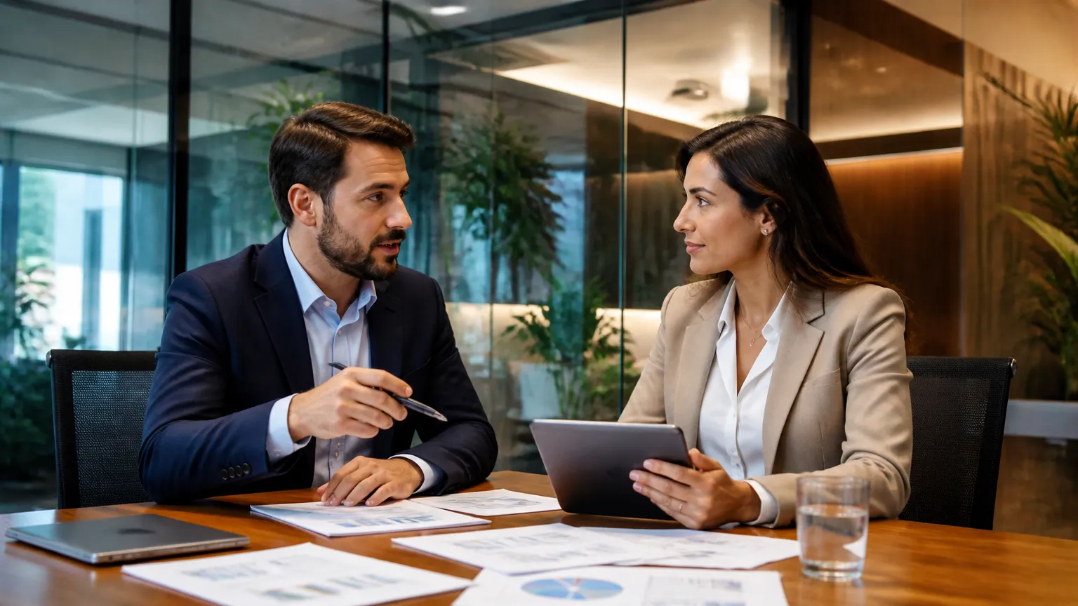 Reunião consultiva com perguntas para indicação financeira ideal de crédito e investimentos.
