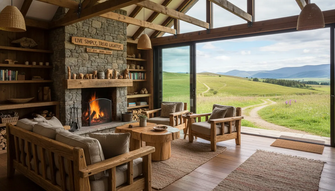 Interior de cabana sustentável com lareira, móveis rústicos e portas de vidro para a paisagem rural.