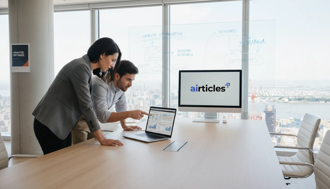 Two professionals collaboratively analyse SEO data on a laptop, discussing strategies to check your site SEO performance effectively.
