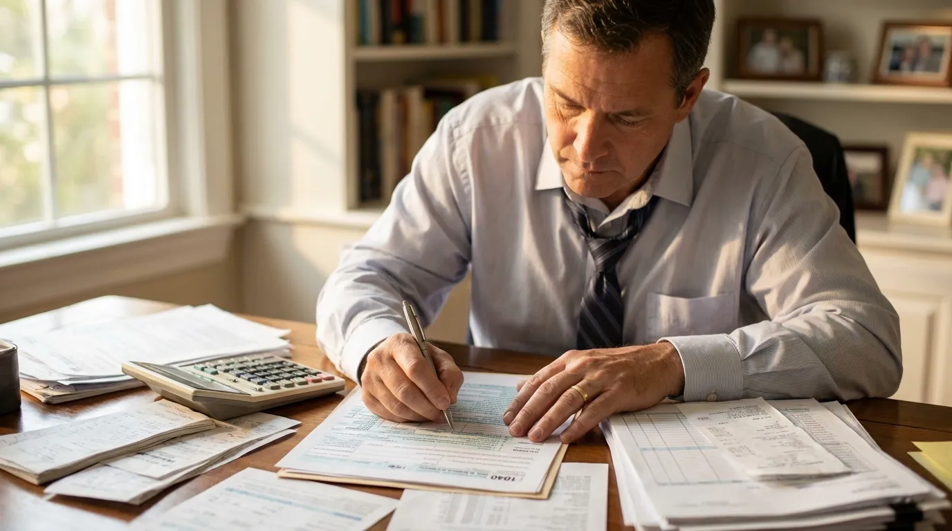 Empresário preenchendo declaração de imposto de renda com documentos e calculadora