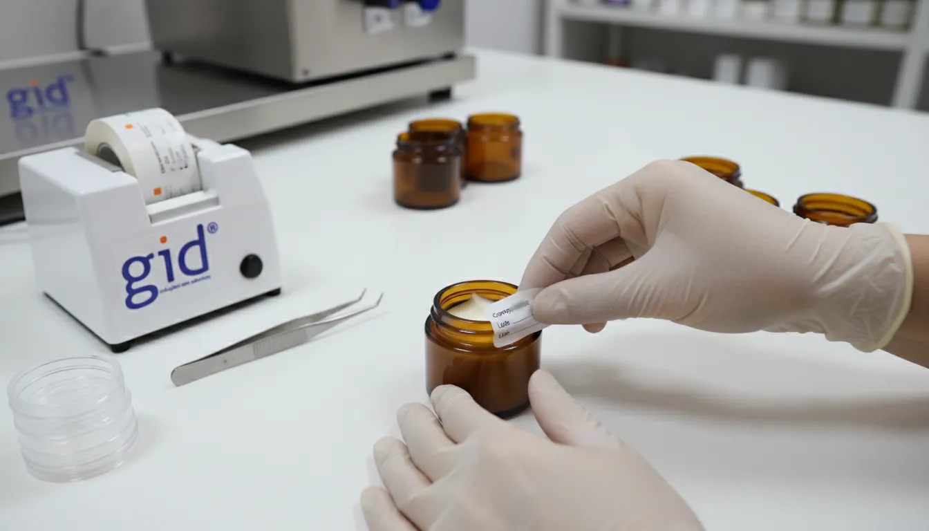 Mão aplicando etiqueta Anvisa em cosmético artesanal, com foco na precisão do rótulo cosmético artesanal.