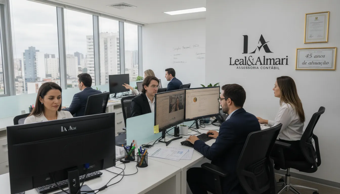 Equipe da Leal & Almari trabalha em escritório moderno, auxiliando empresas com Simples Nacional 2026.