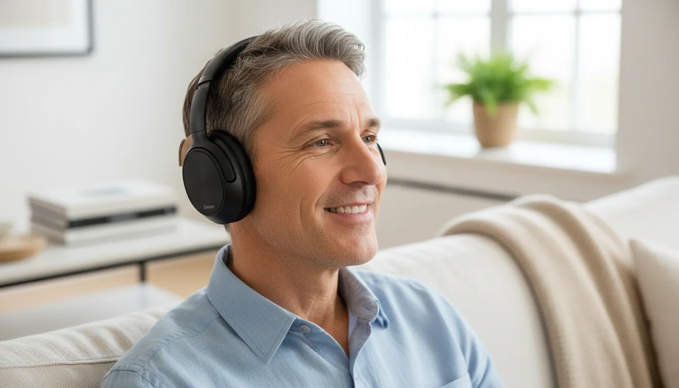 Homem sorridente desfruta de música clara, realçando a qualidade de vida com oticon aparelhos auditivos.