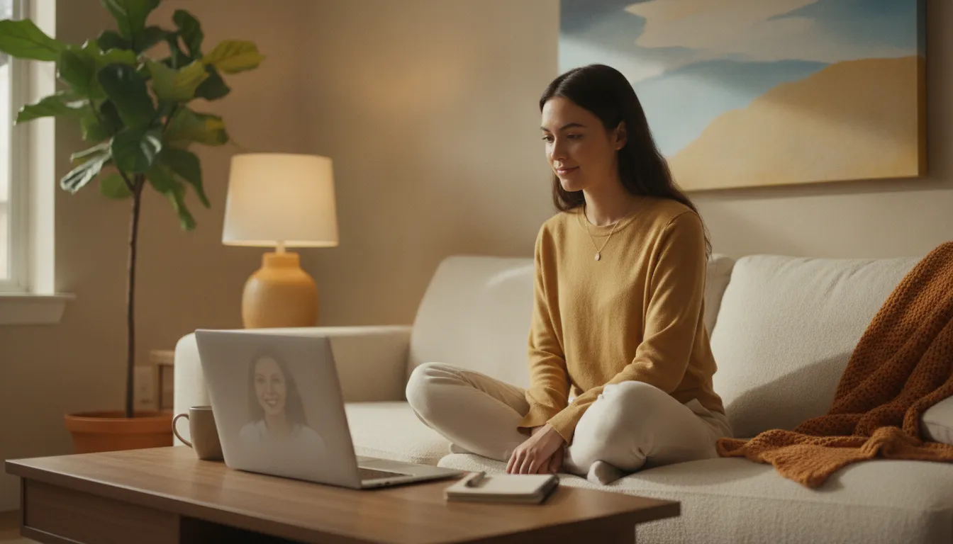 Pessoa em terapia online, concentrada e calma, encontrando foco e bem-estar em um ambiente acolhedor.