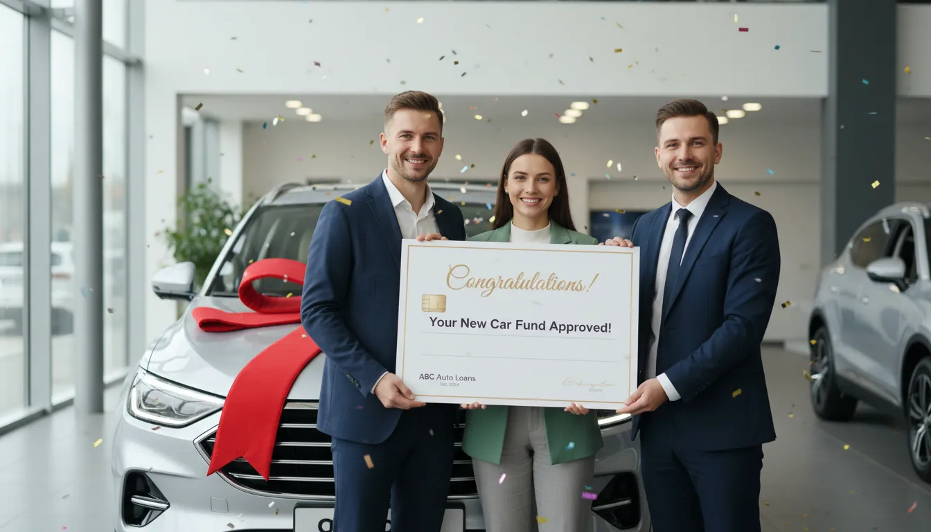 Casal recebendo carta de crédito de consórcio e comemorando conquista do carro próprio