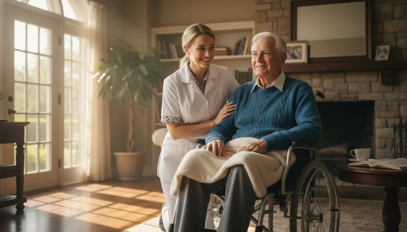 Idoso em cadeira de rodas em casa, acompanhado de cuidador, simbolizando dignidade e cuidado no cumprimento de pena domiciliar.