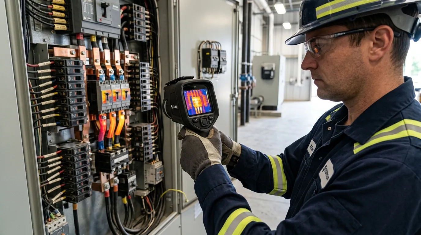 Termografia em quadro de distribuição elétrica industrial durante perícia para laudo NR-10.