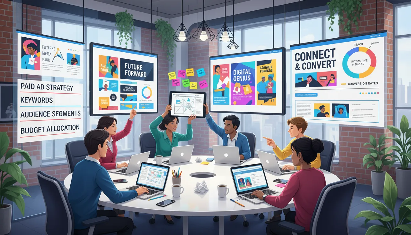 Equipe diversificada criando conceitos criativos de anúncios pagos em ambiente moderno e inovador