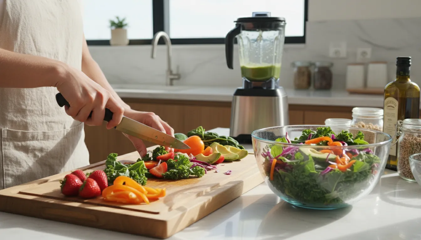 Pessoa preparando uma refeição saudável, demonstrando a importância do autocuidado com a nutrição.