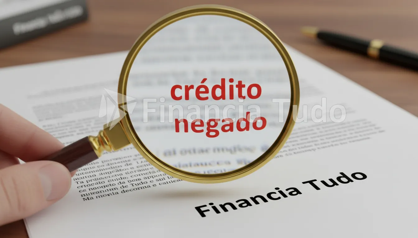 Imagem de uma lupa focada nas letras miúdas de um contrato de empréstimo, destacando os critérios que podem levar ao crédito negado. Financia Tudo está sutilmente presente.