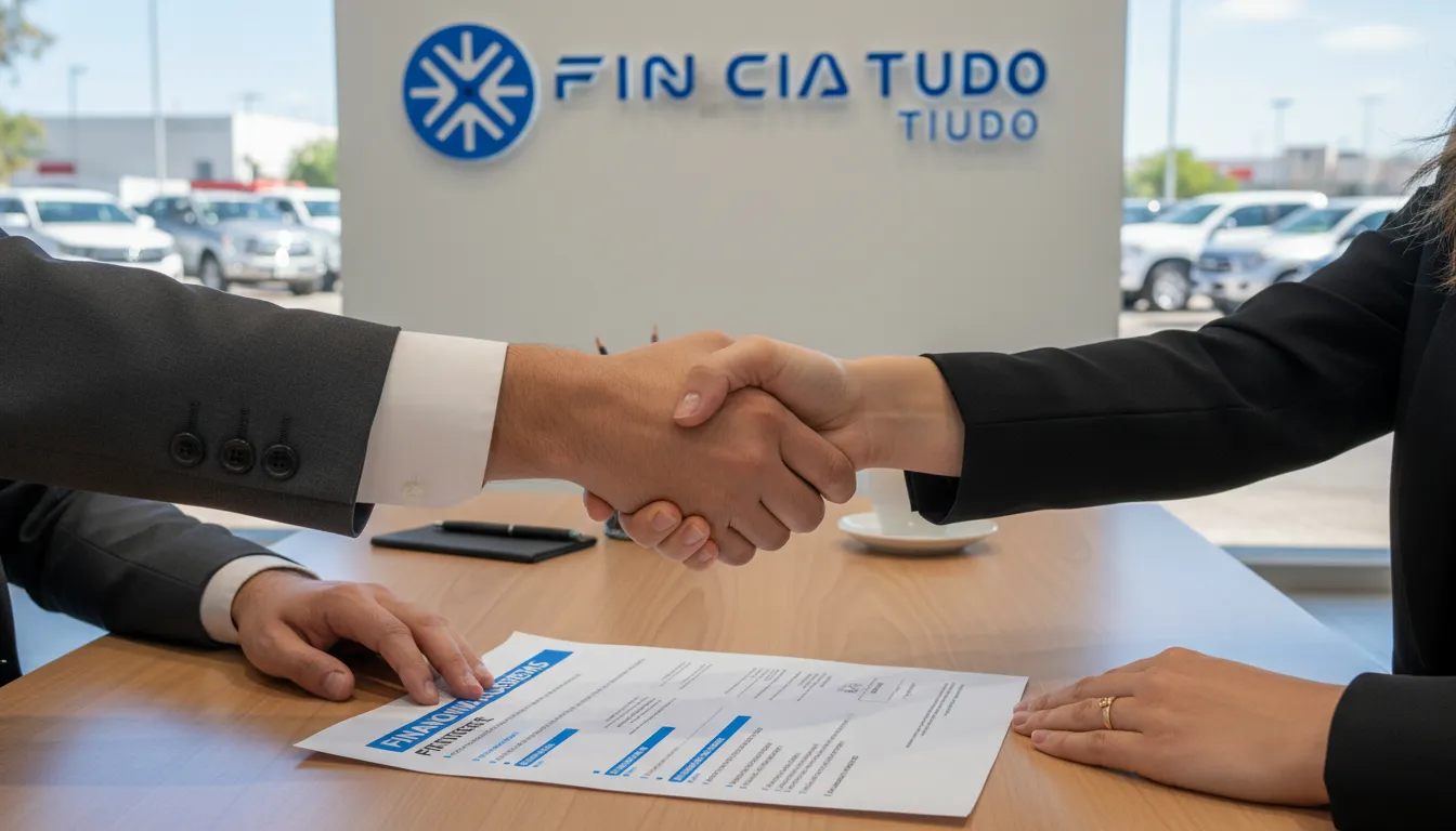 Aperto de mãos selando acordo para financiar caminhão com entrada baixa em concessionária de veículos pesados.