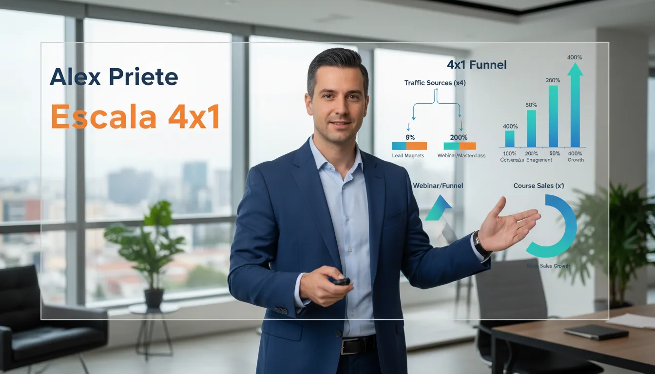 Empreendedor de sucesso apresentando um webinar sobre Marketing Digital e como o funil 4x1 é crucial para Vender Curso On Line, aumentando a escala.