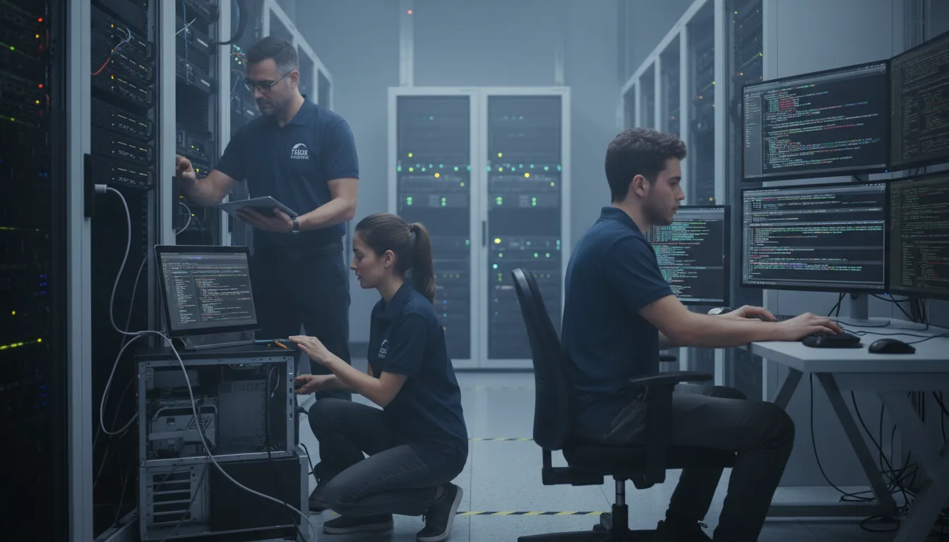 Pós-Venda de Site: O Que Oferecer Depois de Entregar 1 Técnicos de TI fazendo manutenção em servidores e computadores, simbolizando suporte e atualização pós-venda