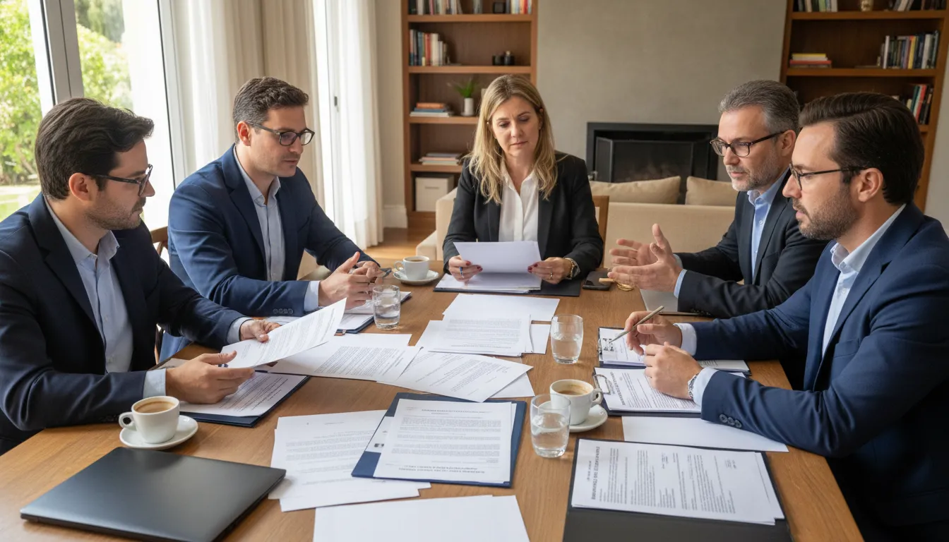 Reunião de pessoas analisando contratos e opções de consórcio para adquirir imóvel próprio