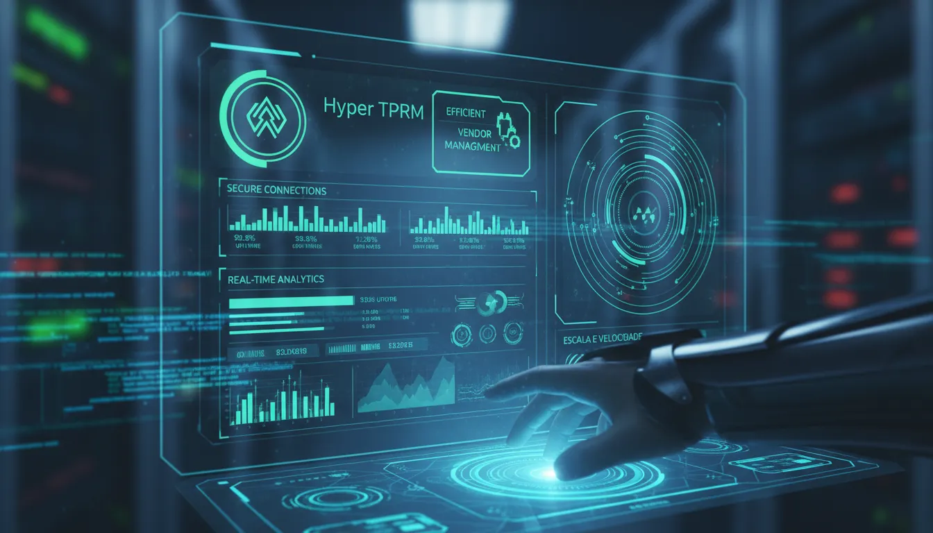 Interface futurista mostrando a gestão ágil e escalável do third party risk, com dados em tempo real e automação avançada.