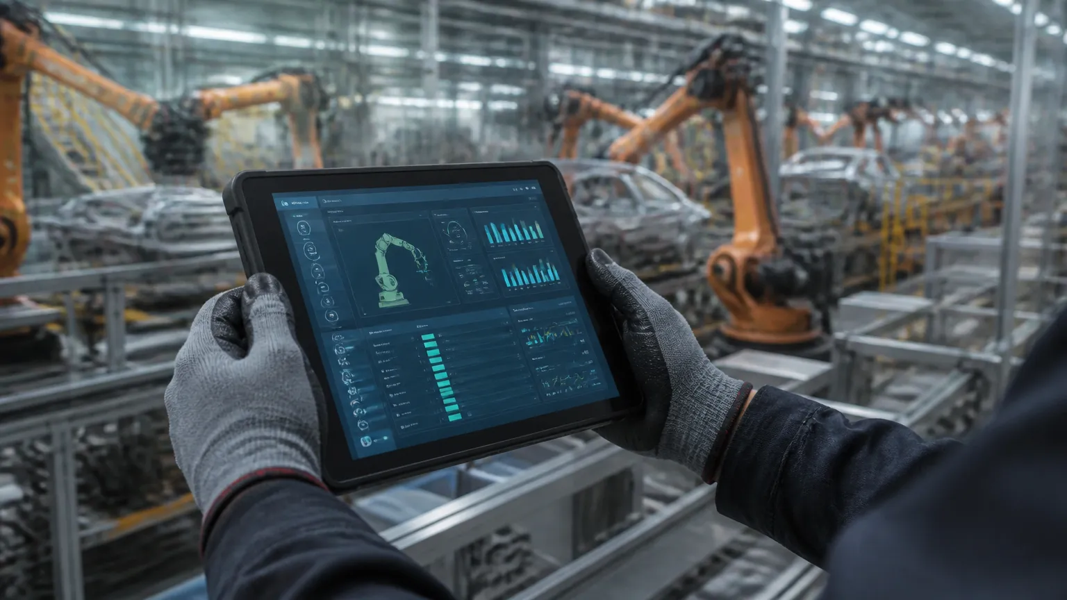 Técnico monitorando ordens via software de manutenção industrial em linha de produção.