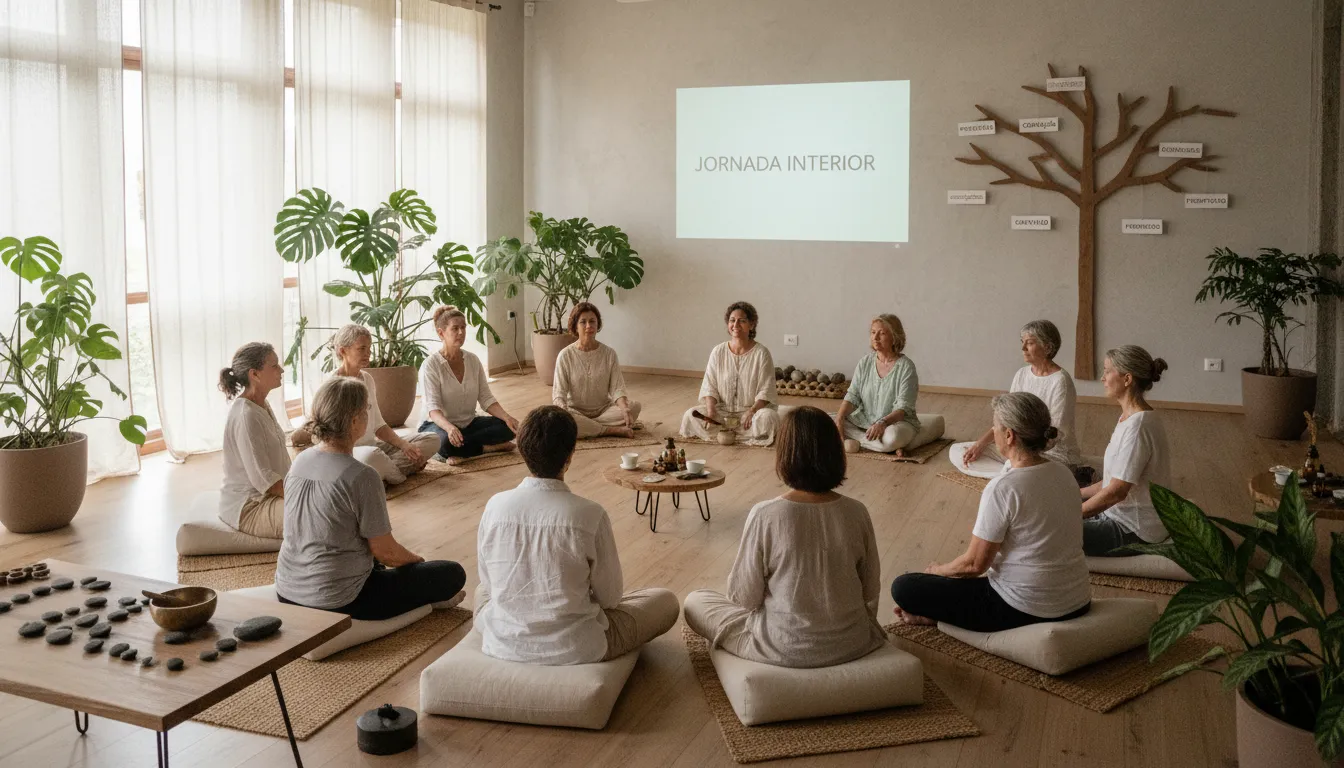 Grupo em sessão integrativa focada no bem-estar, ambiente calmo e natural.