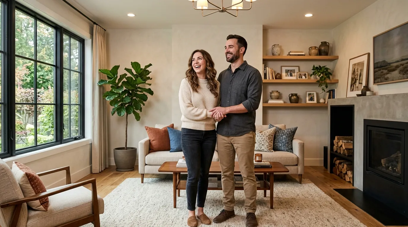 Casal comemora em sala nova após concluir obra com planejamento financeiro impecável.
