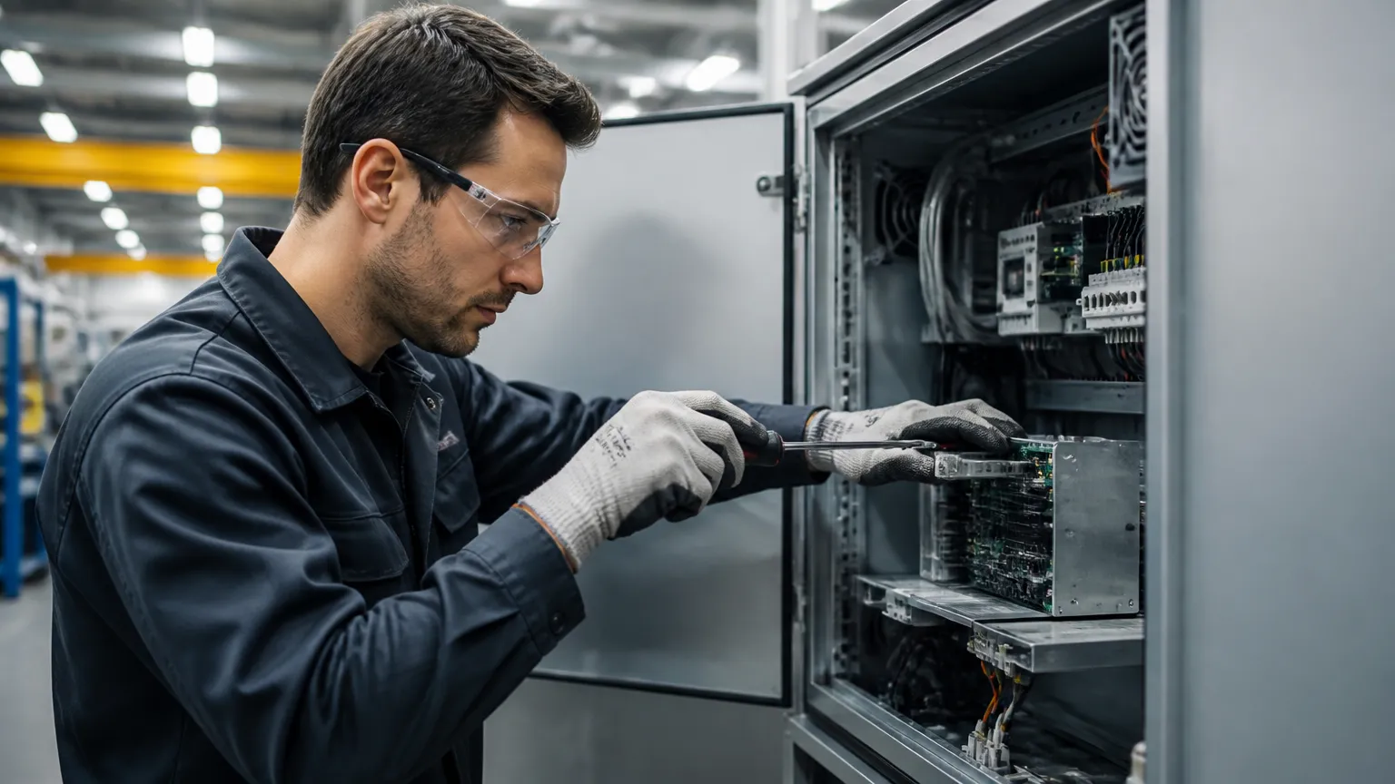 Especialista realizando manutenção corretiva e preventiva em painel mecânico de alta tecnologia.