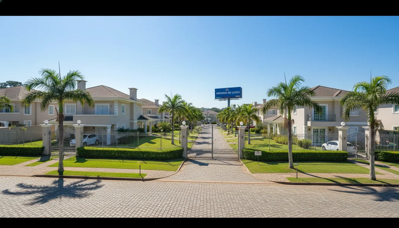 Visão geral de um condomínio fechado de alto padrão em josé bonifácio sp, com diversas casas luxuosas e um outdoor anunciando 'Imóveis de Luxo', destacando a exclusividade da área.