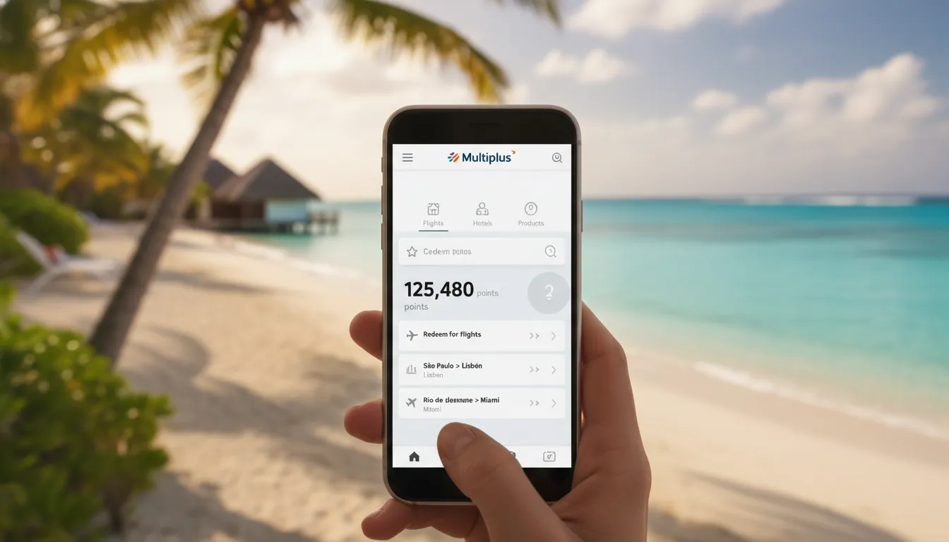 Mão segurando smartphone com app do programa Multiplus, exibindo pontos para resgatar passagens para praia paradisíaca.