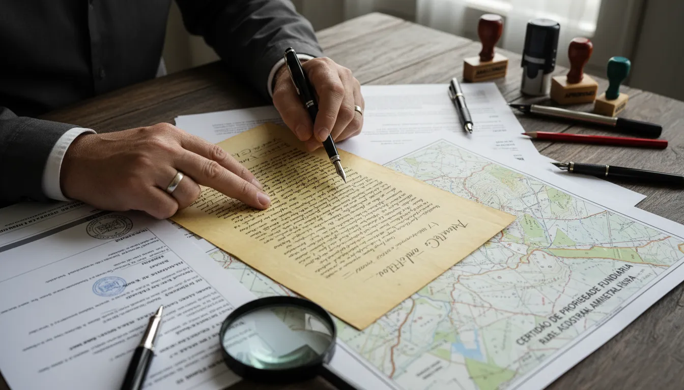 Documentos do CAR e registros fundiários sendo analisados detalhadamente por advogado