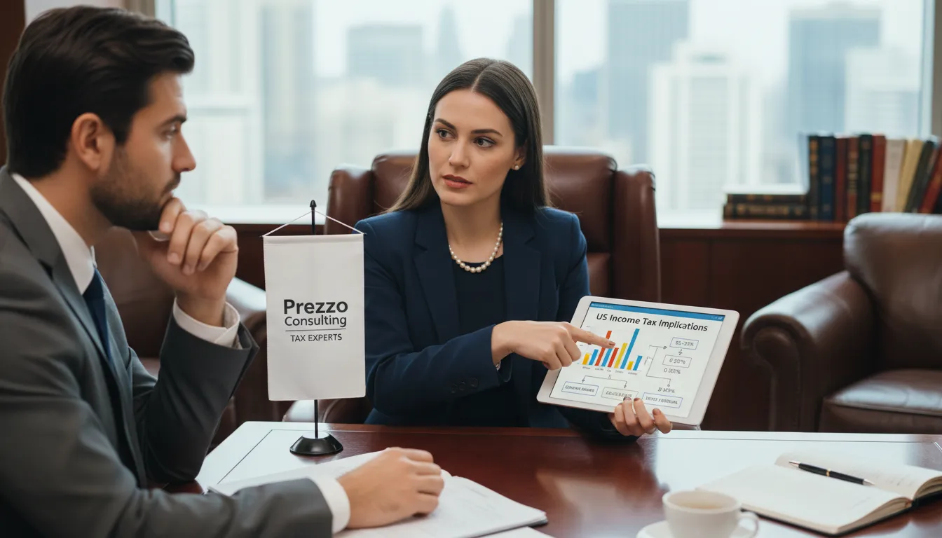 Um consultor financeiro explicando as implicações fiscais das ações americanas para um cliente, com a Prezzo Consulting como especialista.