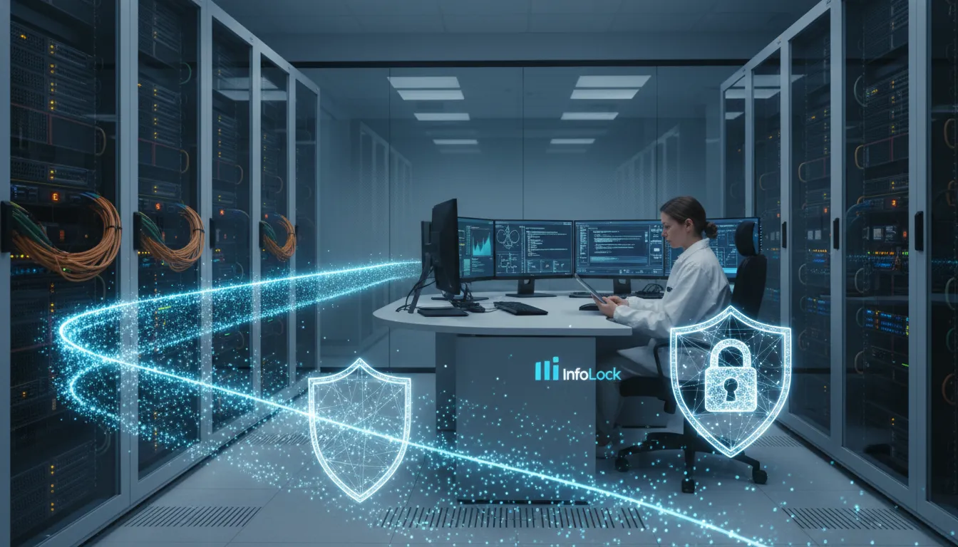 Ambiente de servidor seguro mostrando o processamento de dados alinhado ao legítimo interesse LGPD para InfoLock.