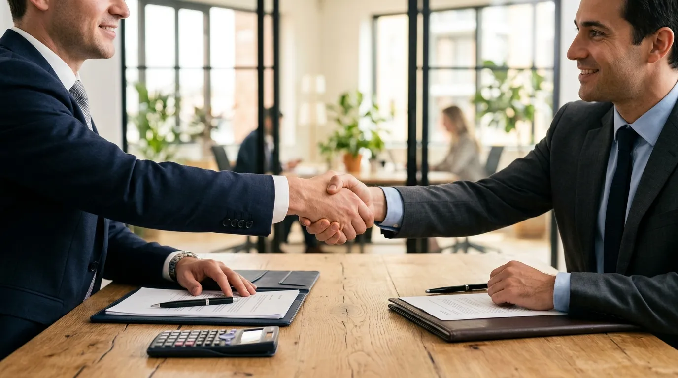 Parceiros de negócios firmando acordo sobre distribuição de lucros simples nacional em reunião de planejamento.