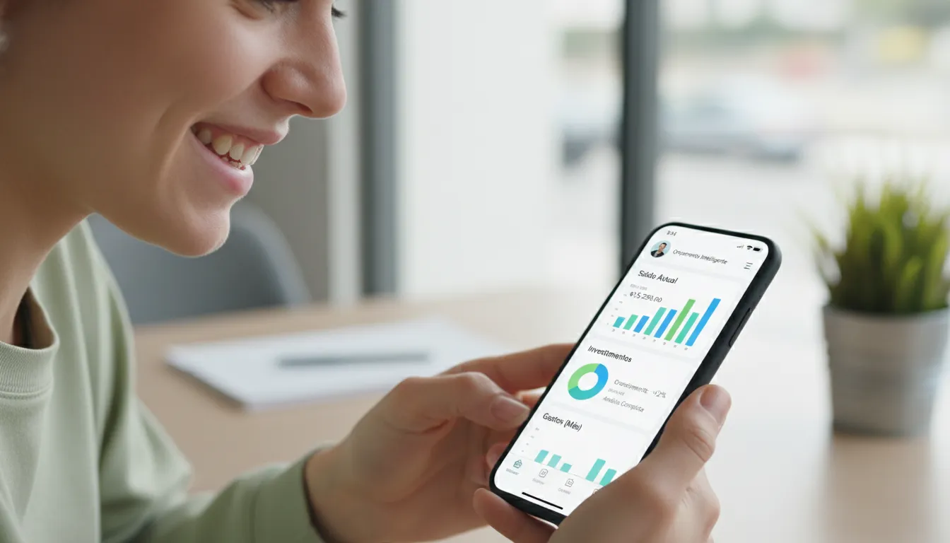 Jovem adulto satisfeito usando aplicativo financeiro no celular, visualizando gráficos e informações claras.