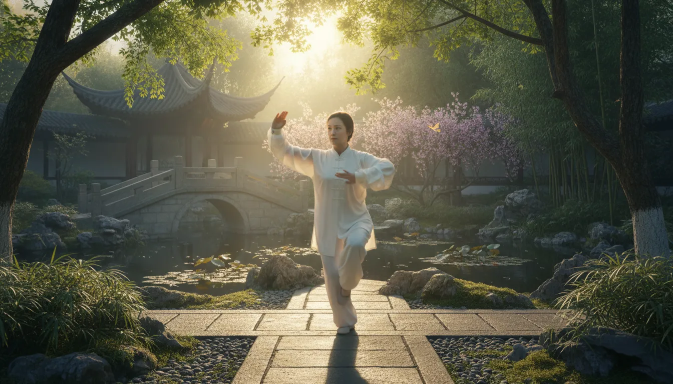 Prática de Tai Chi em um jardim, um exemplo das terapias integrativas que combinam movimento, meditação e conexão com a natureza.