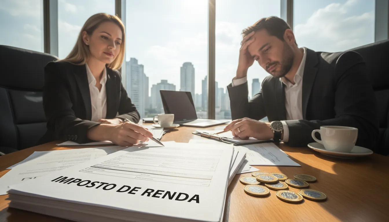 Empresário e consultor revisam documentos e impostos, preocupados com a nova tributação dos dividendos.