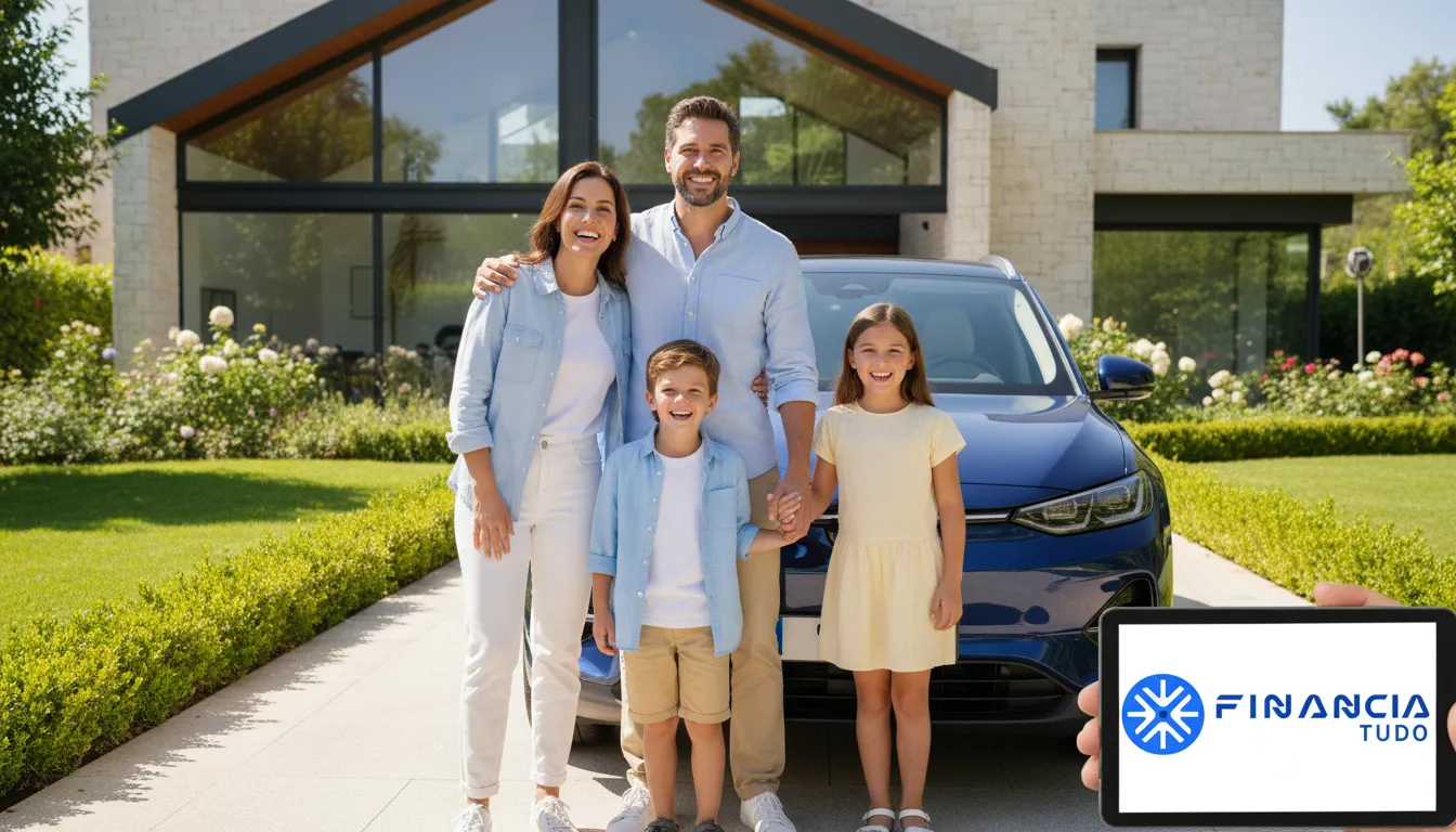 Família feliz em frente ao carro após trocar dívida por empréstimo com garantia, com apoio da Financia Tudo.