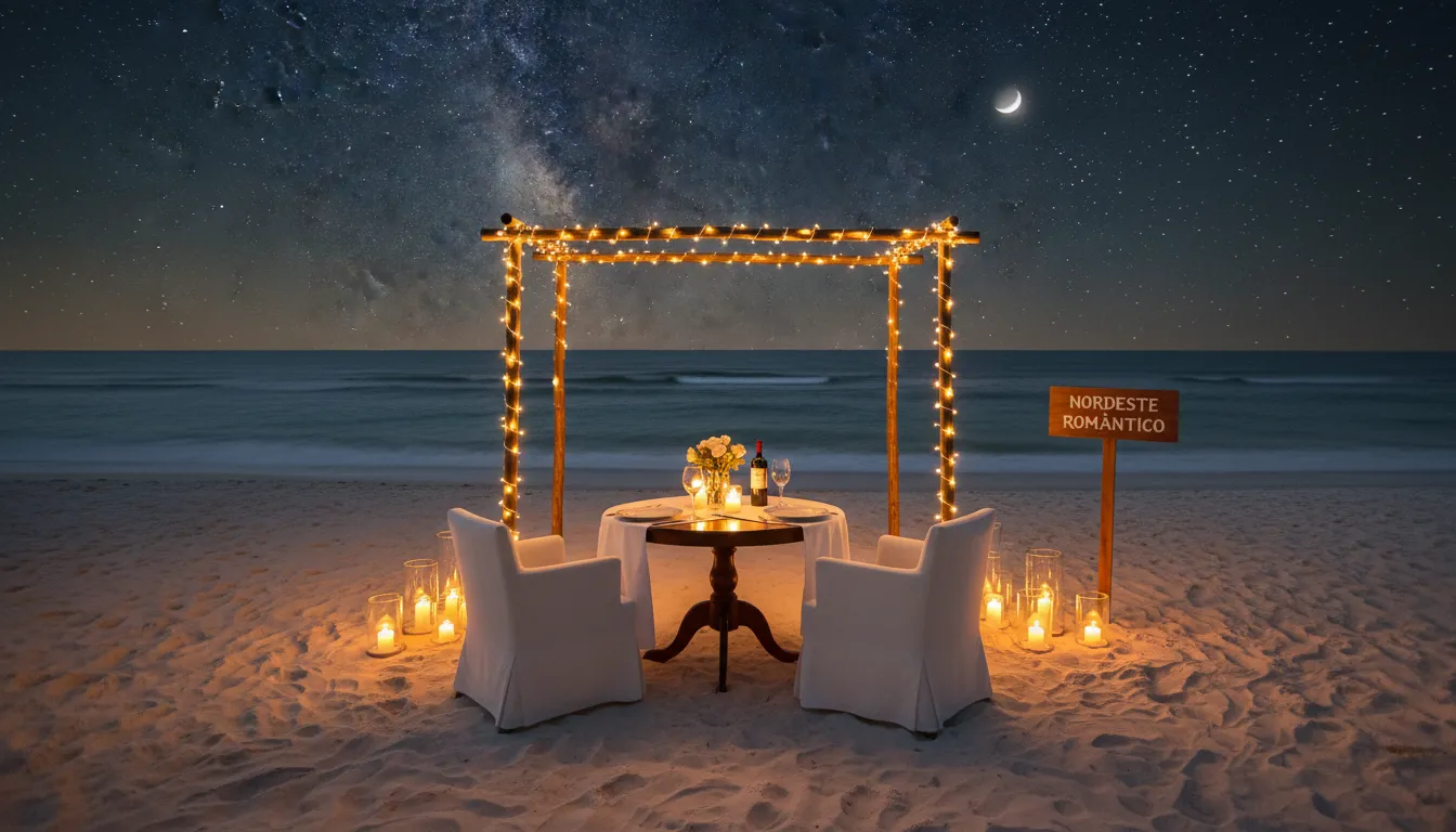 Jantar romântico à beira-mar em Fernando de Noronha, um destino inesquecível para uma lua de mel no nordeste.