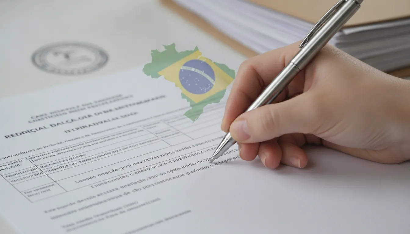 Signature document juridique pour investir au Bresil immobilier, acte notarié sécurisé.