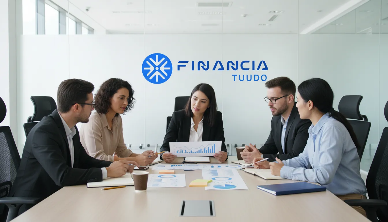 Equipe diversa colabora em estratégia afiliado produtos financeiros, analisando dados e gráficos para decisões eficazes.