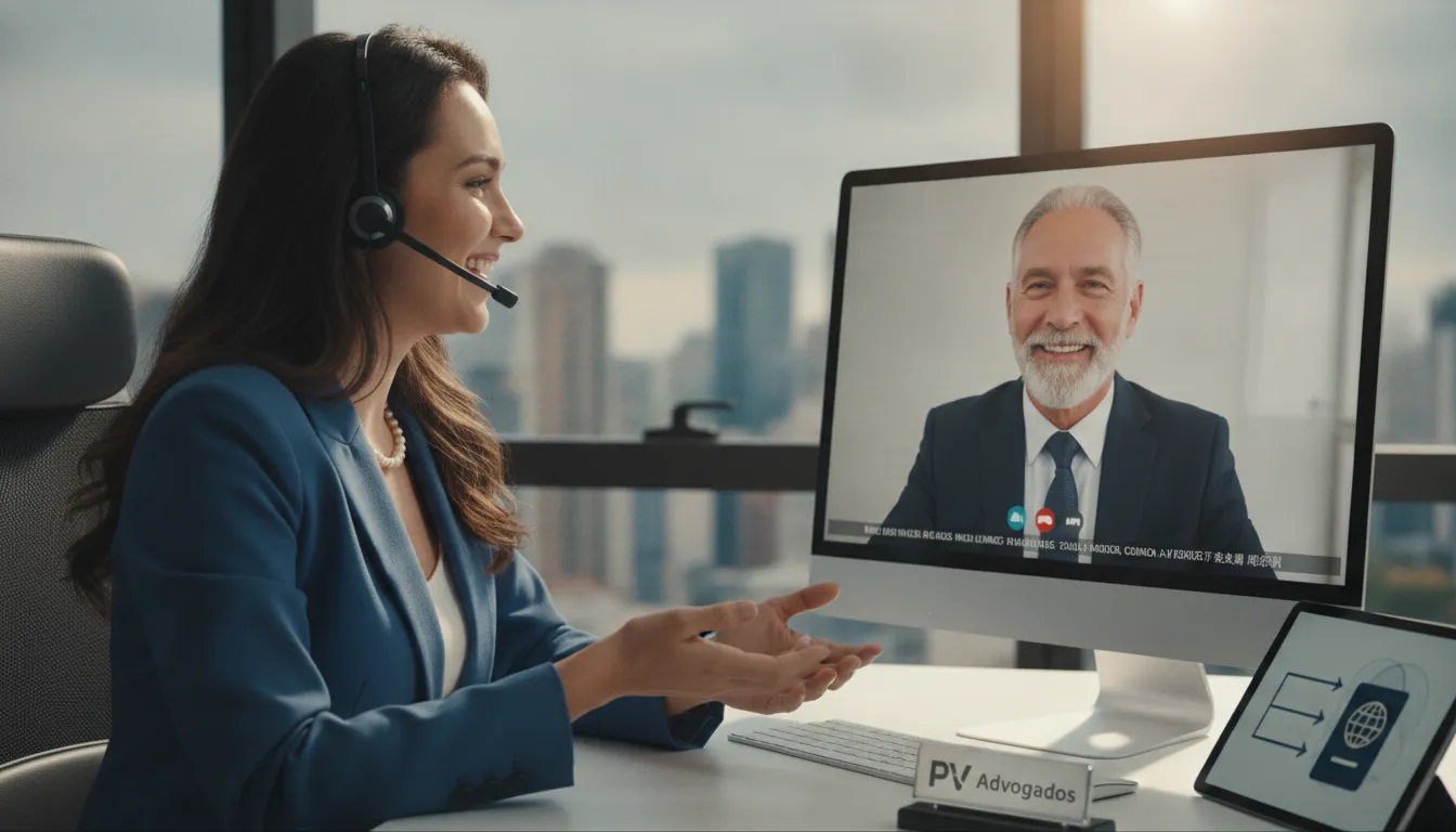 Lawyer assisting international client via video call, providing guidance for a Brazil work visa.