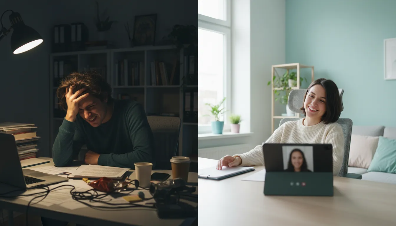 Comparativo de antes e depois da terapia online, demonstrando o impacto positivo de encontrar um terapeuta online. Unolife.