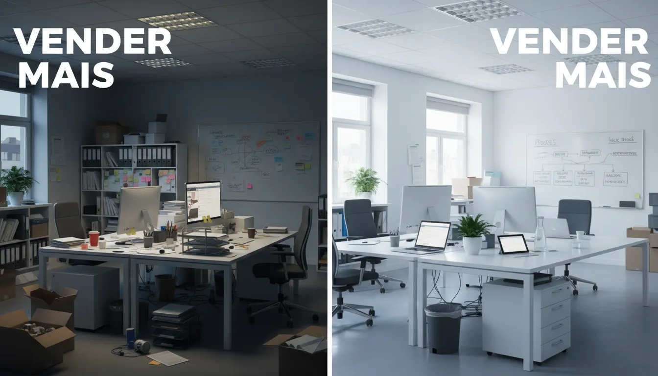 Metáfora visual do antes e depois de uma empresa que define sua proposta de valor, melhora processos e foca na dor do cliente.