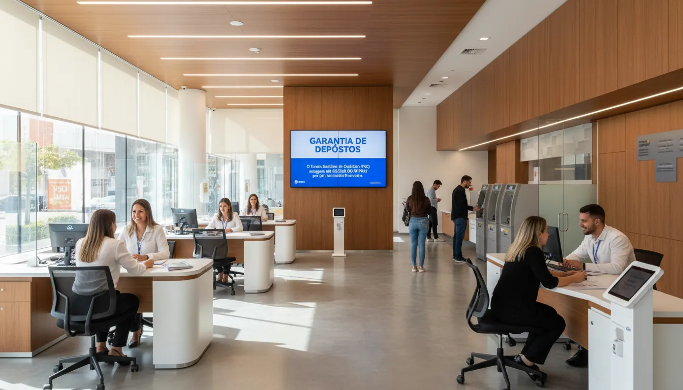 Clientes em banco moderno visualizando informações sobre a garantia do FGC