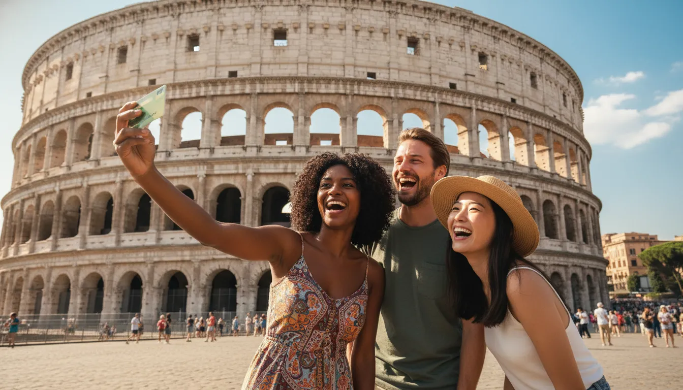 Grupo de amigos viajando e tirando selfie com cartão Banco do Brasil em ponto turístico europeu.