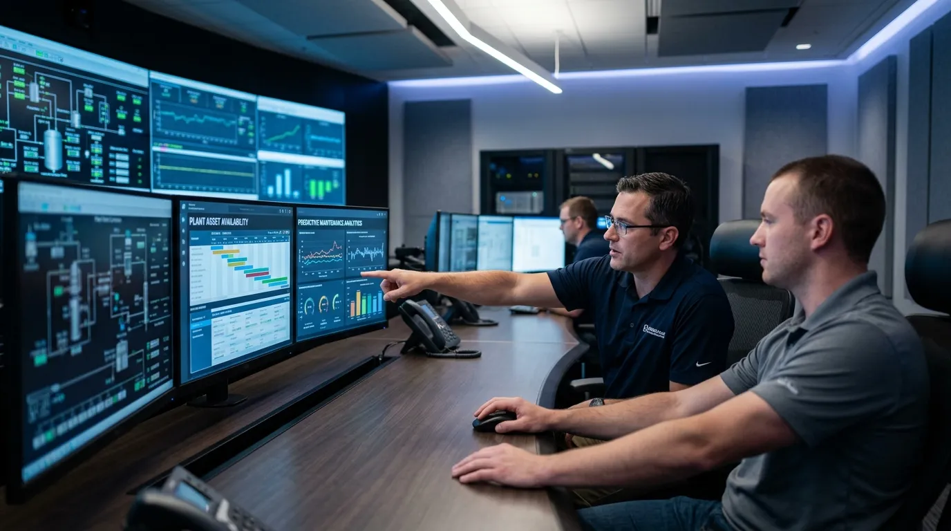Sala de controle operando software para gerenciamento de manutenção industrial.