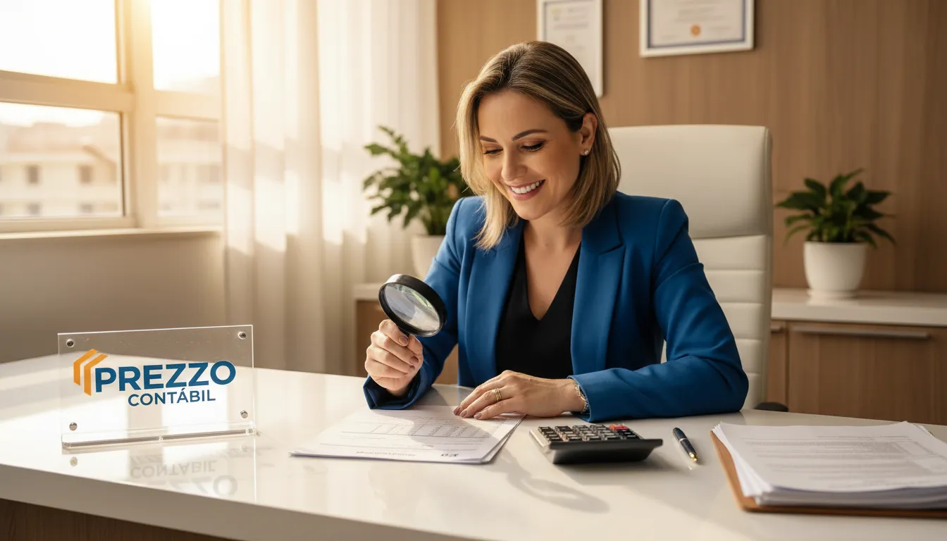 Um contador sorrindo analisa um documento de imposto de renda com uma lupa, representando a expertise da Prezzo Contábil na consulta restituição imposto de renda.