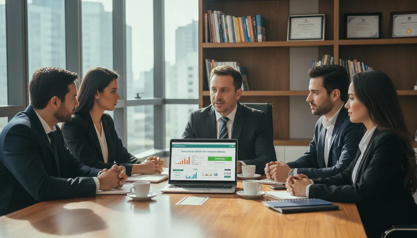 Consultor mostrando simulação de crédito empresarial com garantia de imóvel para gestores