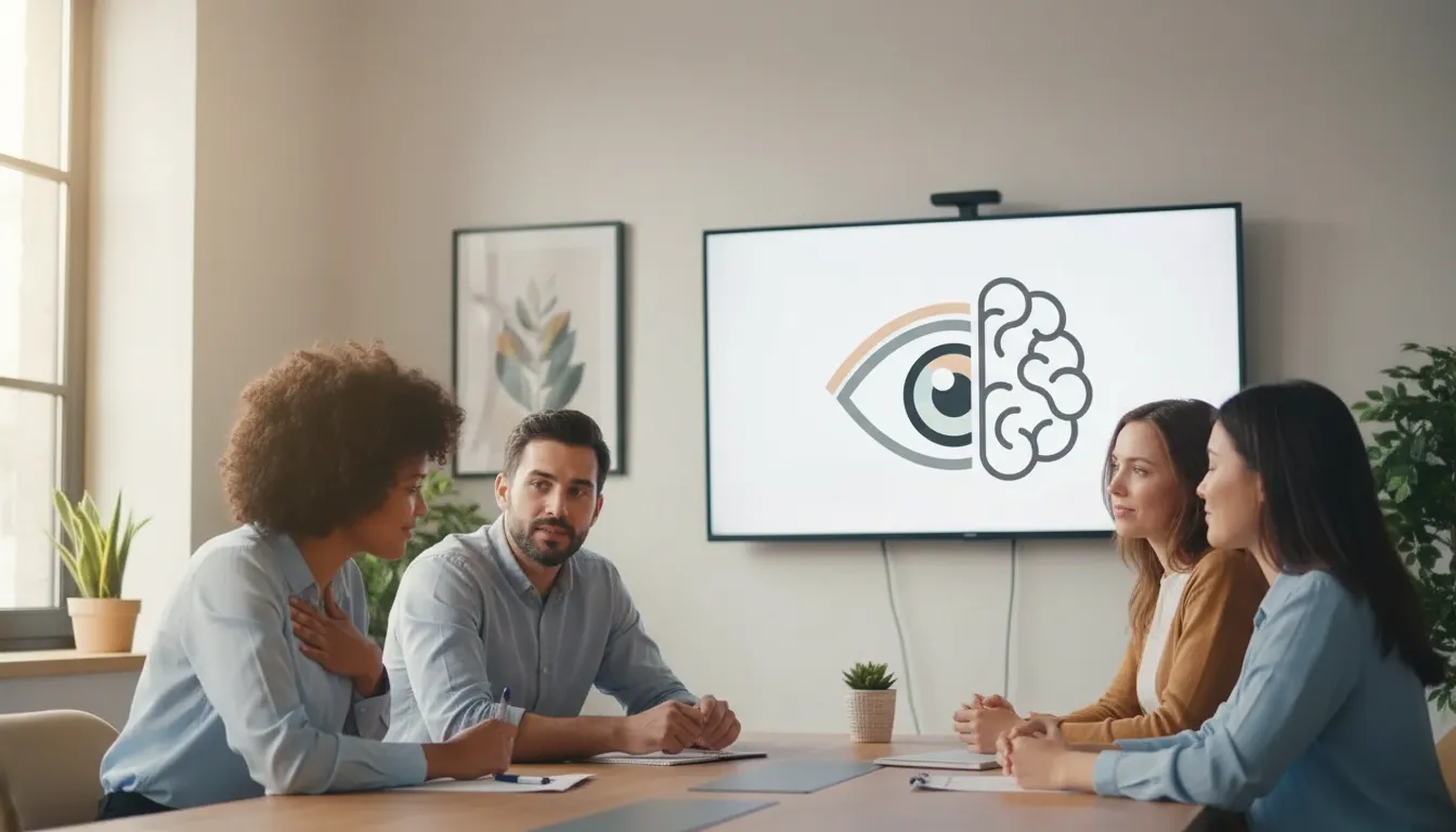 Grupo diverso demonstrando escuta atenta, evidenciando a importância da inteligência emocional na comunicação interpessoal e na construção de relações.