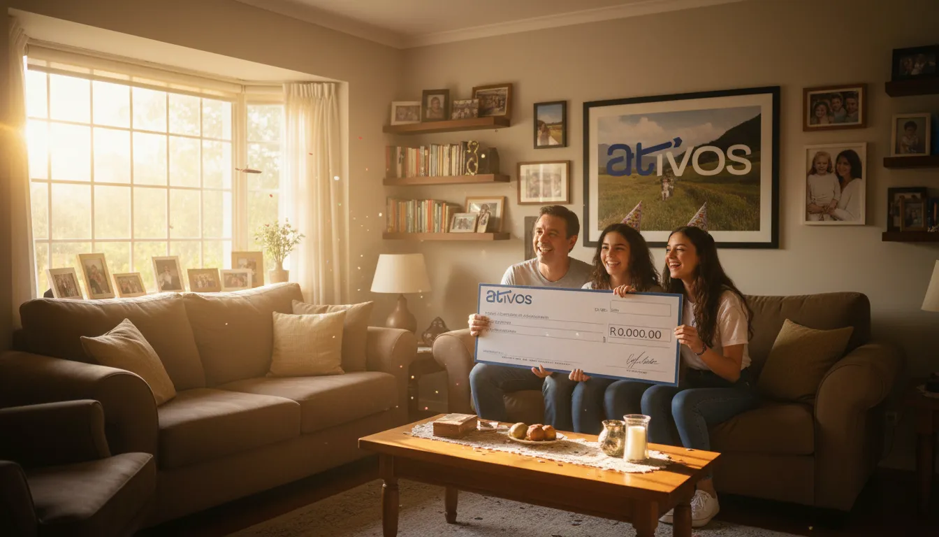 Família celebra o recebimento do pagamento de seus precatórios, com um grande cheque e expressões de alegria em casa.