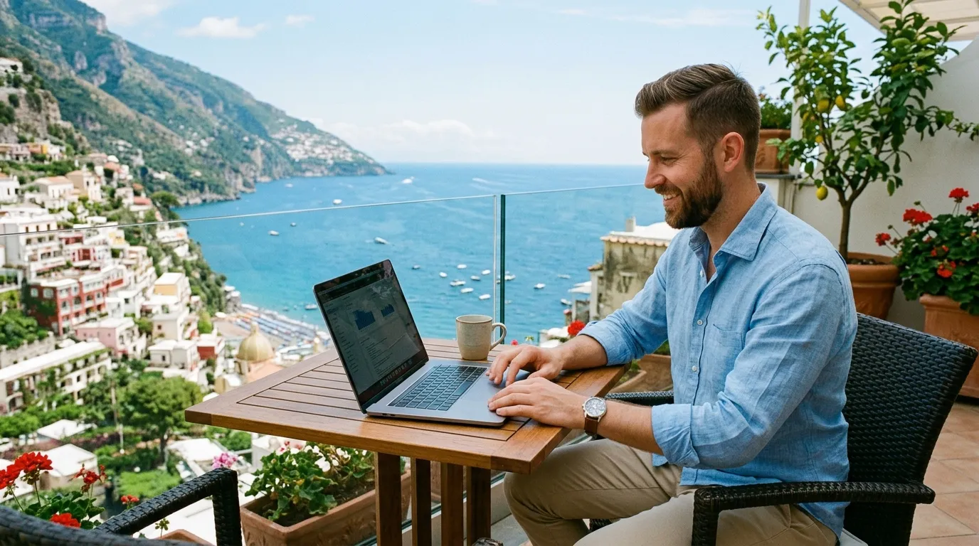 Profissional trabalhando em notebook na sacada de frente ao mar italiano como nômade.