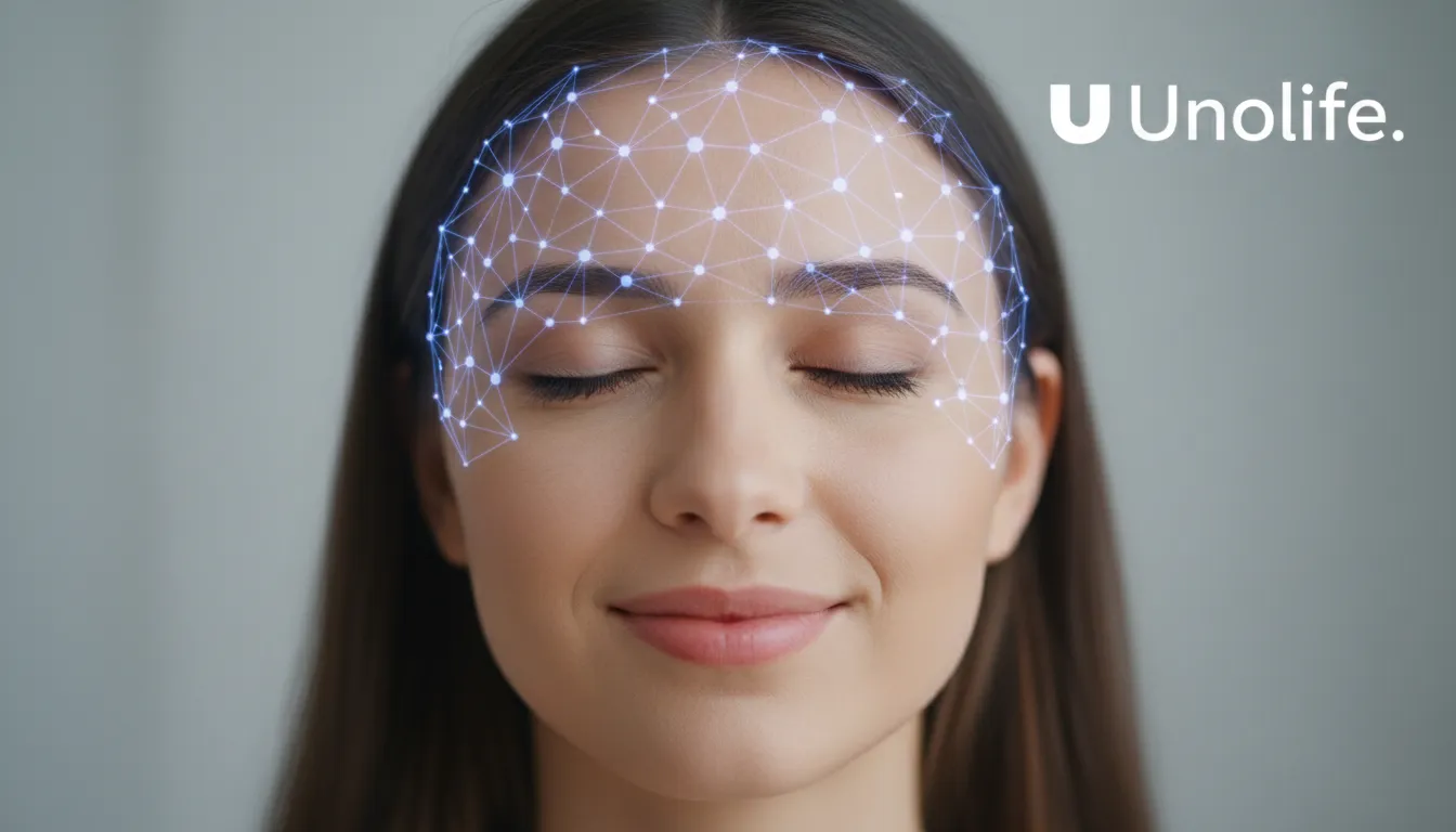 Transforme sua mente com a hipnoterapia online da Unolife. Rosto sereno com padrões neurais sutis, simbolizando a reprogramação de pensamentos.