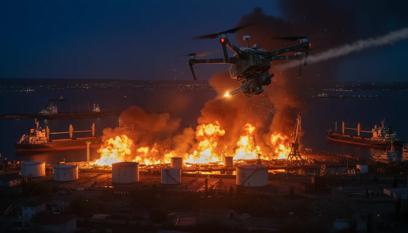 Night scene depicting russia ukraine drone attacks on a port, explosions illuminating ships.