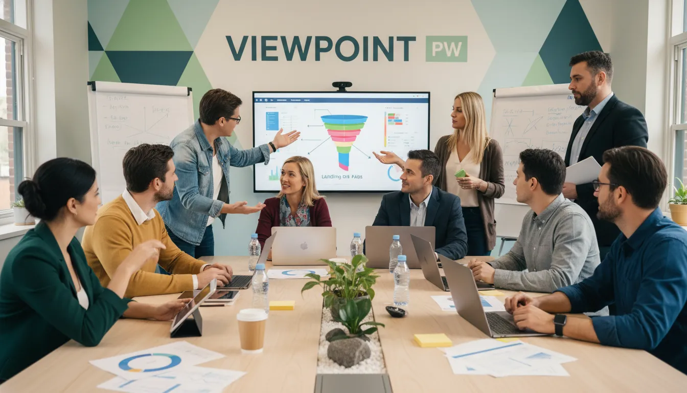 Equipe de marketing colaborando em estratégias digitais, demonstrando o processo de criação de landing page orientada a dados para negócios wellness.